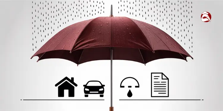Red umbrella shielding icons of house, car, and documents