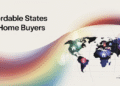World map with home icons and markers representing affordable states for home buyers