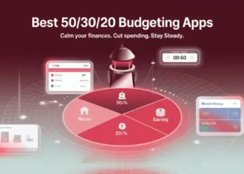 50/30/20 budgeting pie chart with app widgets and lighthouse theme
