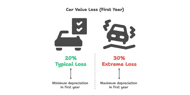 Icon-based graphic showing car value loss: typical 20% vs extreme 30% in first year