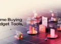 Home buying budget tools concept with digital charts, calculator, and house icons