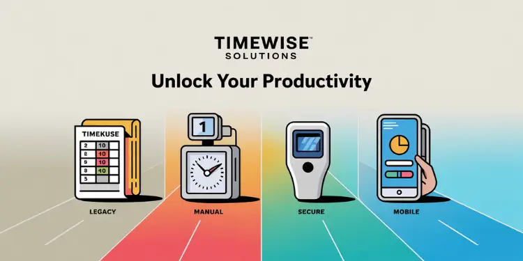 Icons represent legacy, manual, secure, and mobile timekeeping methods.