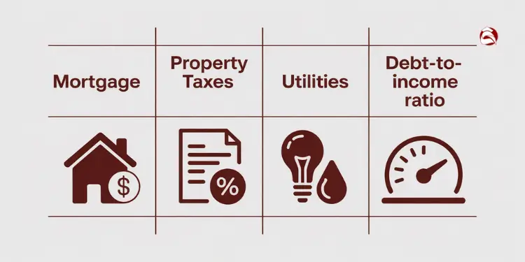 Icon grid showing mortgage, property tax, utilities, and DTI