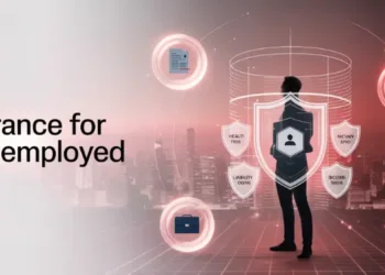 Silhouette of person surrounded by insurance icons for self-employment
