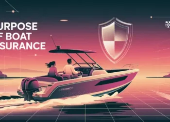 Boat on water at sunset with protective shield icon symbolizing insurance coverage.