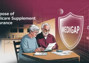 Illustration of elderly couple reading paperwork with a shield labeled Medigap symbolizing coverage.