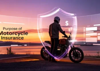 Motorcyclist silhouette at sunset with shield overlay suggesting financial protection