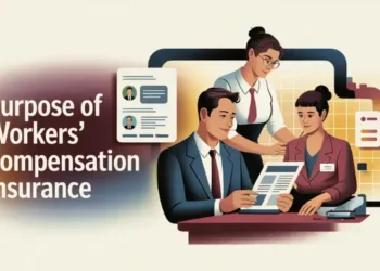Illustration of two seated professionals and one standing reviewing a workers’ comp policy form.
