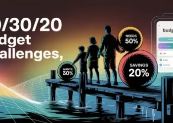 Family figures on a pier holding spheres marked Needs 50%, Wants 30%, and Savings 20%.