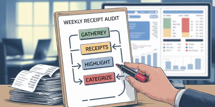Weekly receipt audit board listing steps to gather, highlight, and categorize receipts.