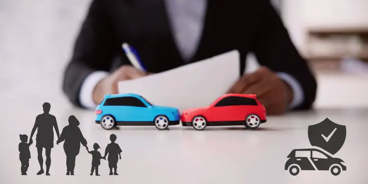 Blue and red model cars with family silhouette emphasize consolidated auto coverage.