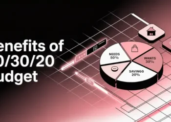 3D pie chart on a grid platform illustrating the benefits of the 50/30/20 budget rule.