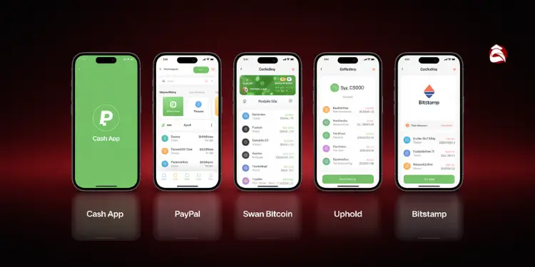 Screenshots of mobile apps for Cash App, PayPal, Swan Bitcoin, and more