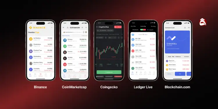 Collection of mobile app screenshots from Binance, CoinMarketcap, and more