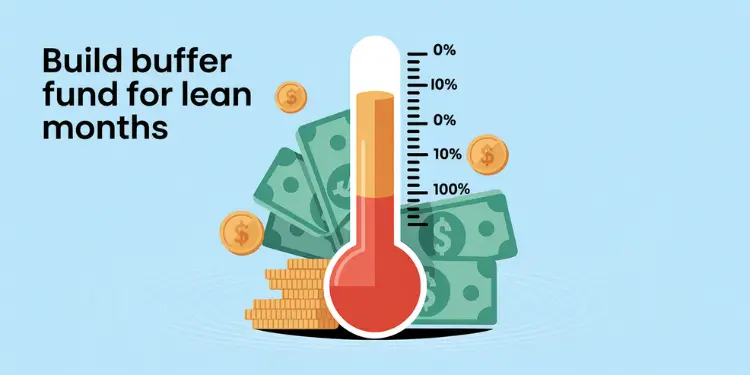 Thermometer filling with currency icons beside coin and bill stacks representing a buffer fund.