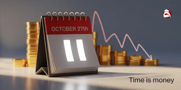 Calendar marked October 27th with paused symbol and falling coin stack