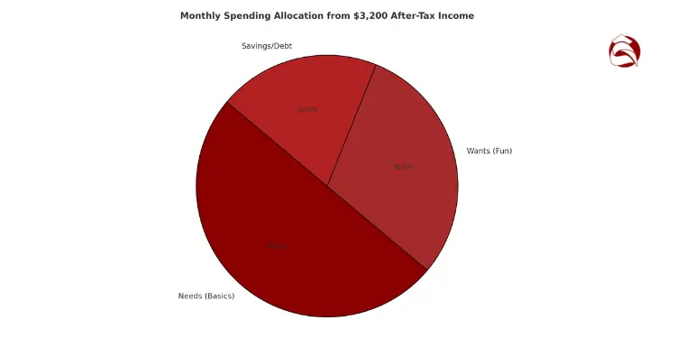 Pie chart showing needs, wants, and savings from $3,200 monthly income