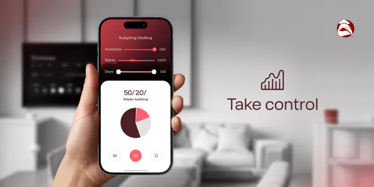 Mobile budgeting app with 50/20/30 sliders and pie chart