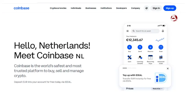Coinbase NL homepage welcoming Netherlands with app showing €12,345.67