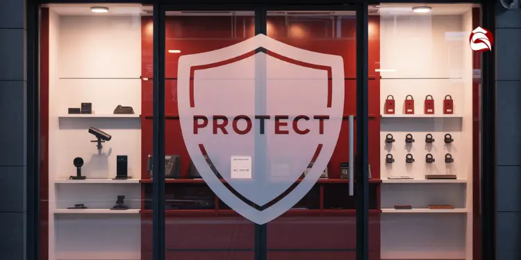 Storefront with shield graphic and surveillance devices inside