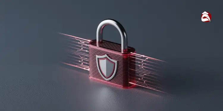 Red padlock with shield emblem surrounded by digital circuitry