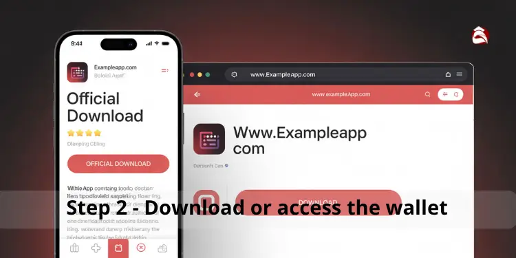 Phone app store and website showing Exampleapp.com for wallet download.