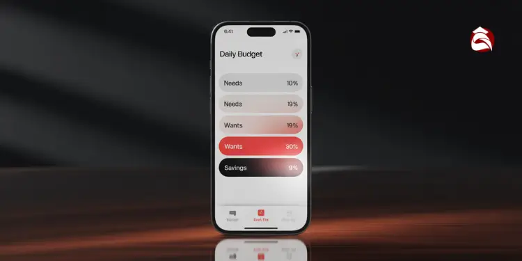 Smartphone budgeting interface with sliders for needs, wants, and savings