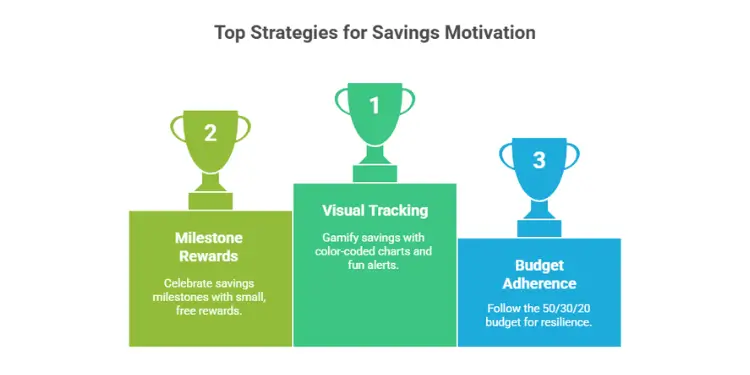 Three-step podium with numbered trophies illustrating milestone rewards, visual tracking, and budget adherence.