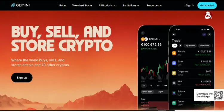 Gemini homepage for buying, selling, and storing crypto with app view.