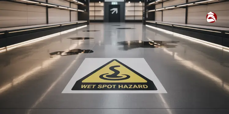 Wet floor warning sign on polished store aisle
