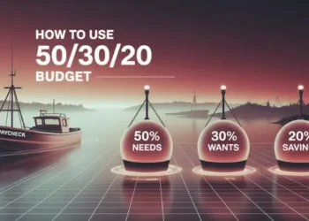Foggy harbor scene with a paycheck boat and three buoys indicating budget percentages.