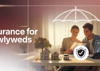 A couple examines policy documents with home and car icons under an umbrella graphic.