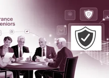 Illustration of seniors meeting around a table with insurance shield and charts.