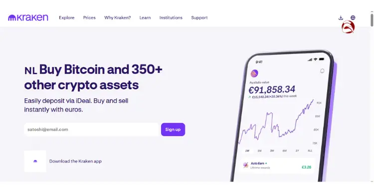 Kraken homepage promoting Bitcoin and 350+ crypto assets with app view