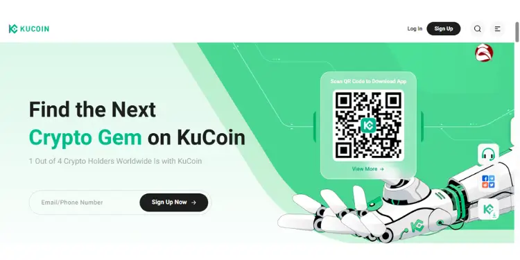 KuCoin homepage encouraging sign-up to find crypto gems with QR code