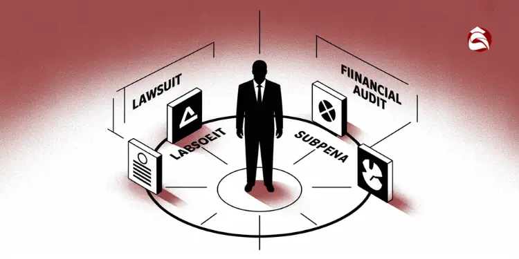 Business figure surrounded by lawsuit, audit, subpoena, and legal icons