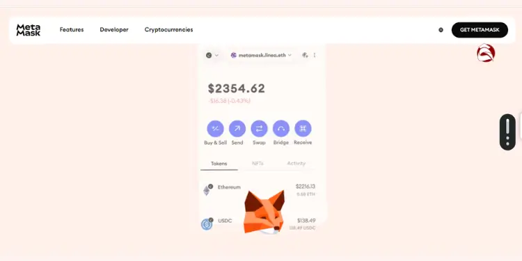 MetaMask homepage showing crypto wallet with $2354.62 balance