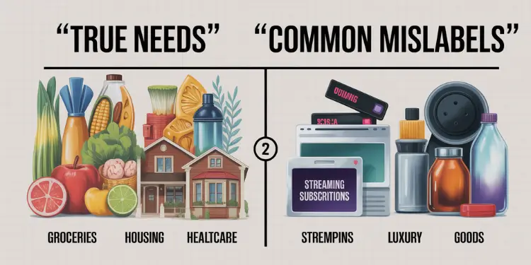 Illustration comparing essential needs with commonly mislabeled wants such as streaming subscriptions.