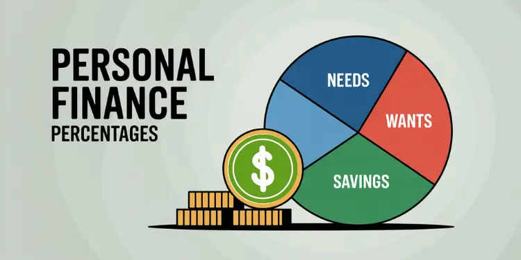 Pie chart labeled Needs, Wants, Savings beside coin stacks illustrating allocation percentages.