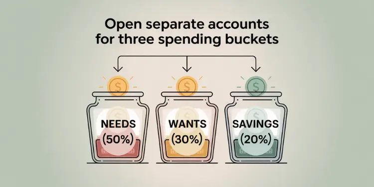 Illustration of three money jars labeled Needs 50 %, Wants 30 %, and Savings 20 % with coins.