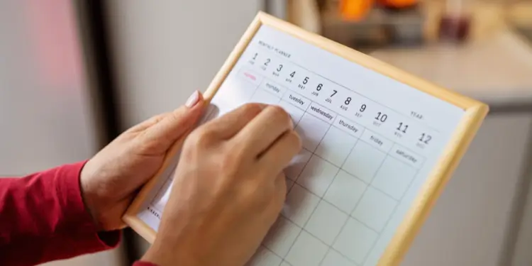 Photo of a hand filling in a weekly planner to track budgeting checkpoints.