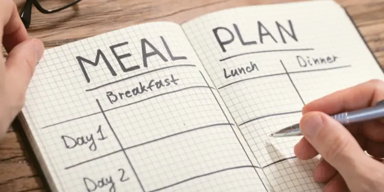 Notebook grid titled Meal Plan with slots for Day 1 breakfast, lunch, and dinner planning.