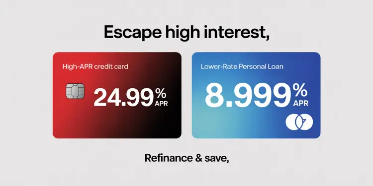 Two panels showing 24.99% APR on a credit card and 8.999% APR on a personal loan for refinancing.