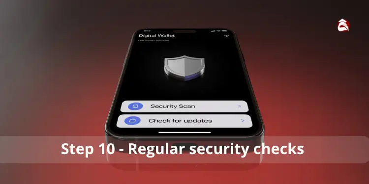 Phone screen showing Digital Wallet with Security Scan and Check for updates options