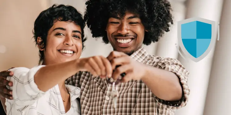 Couple holding keys with overlaid shield graphic represents safeguarded rental possessions.