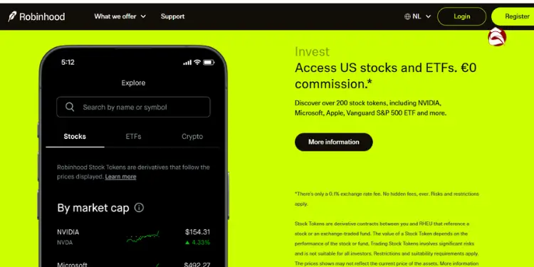 Robinhood homepage advertising commission-free US stock and ETF investing