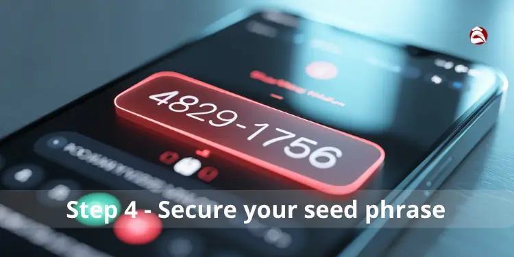 Phone screen showing a seed phrase number 4829-1756 for securing.