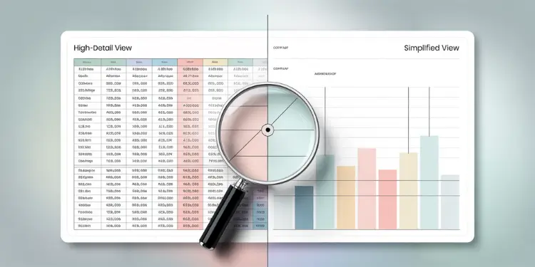 Magnifying glass highlighting difference between detailed spreadsheet and simplified bar chart.