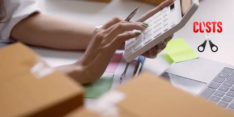Person using calculator beside a graphic of scissors cutting the word COSTS to signify slashing fixed bills.