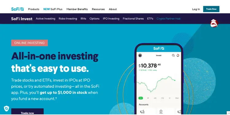 SoFi Invest homepage promoting all-in-one investing with a mobile app view.